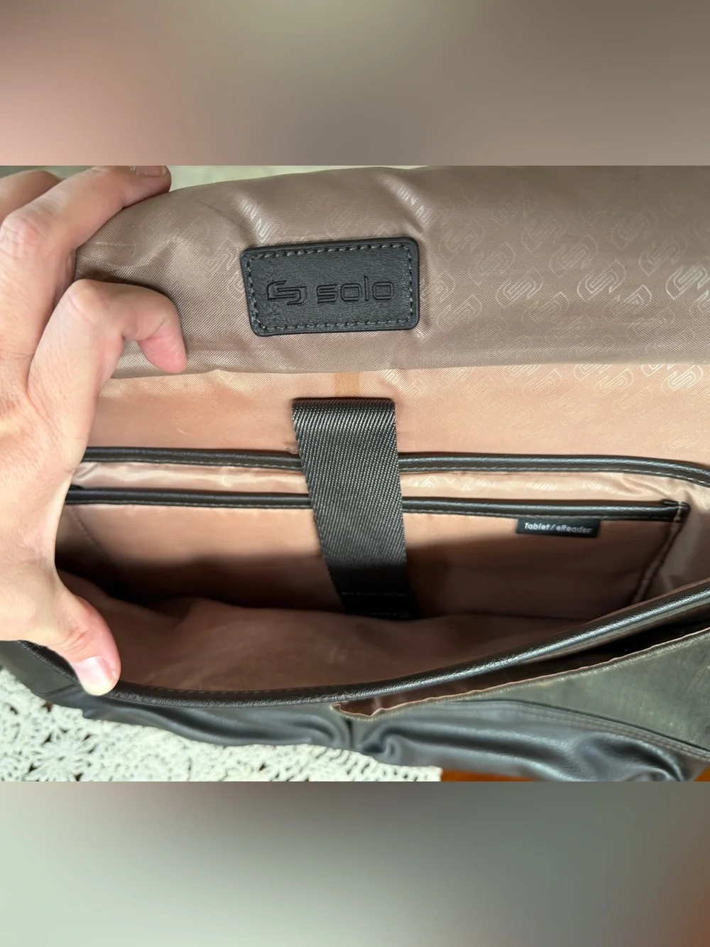 solo Brown Faux Leather Briefcase with Brass Accents